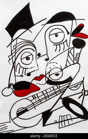 illustration, watercolor, cubism, acrylic, three musicians, abstract art, painting Stock Photo