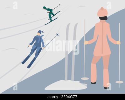 Woman standing on a hill and looking at skiers. Vector illustration for design Stock Vector