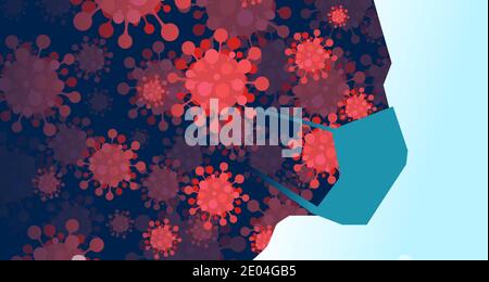 Vector of a human head silhouette wearing facial mask made of Coronavirus pathogen Stock Vector