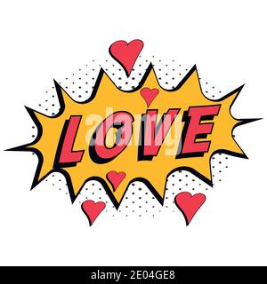 Comic book word love with hearts pop art style with halftone background, vector Comic speech bubble with expression text love Stock Vector