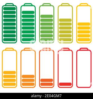 Set batteries with different level charge, vector energy, accumulator with decreasing level of energy charging Stock Vector