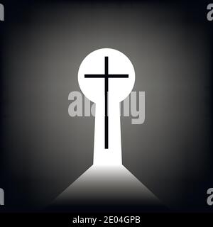 way to God, christian cross in keyhole, view from the interior, vector illustration path to God Stock Vector