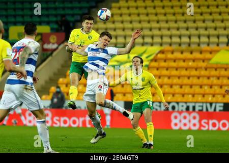 Norwich, Norfolk, UK. 29th December 2020; Carrow Road, Norwich, Norfolk, England, English Football League Championship Football, Norwich versus Queens Park Rangers; The header from Jordan Hugill of Norwich City goes wide Credit: Action Plus Sports Images/Alamy Live News Stock Photo