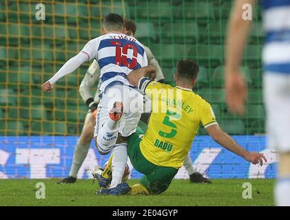 Norwich, UK. 29th Dec, 2020. Grant Hanley of Norwich makes a last ditch tackle to deny Ilias Chair of Queens Park Rangers during the Sky Bet Championship match at Carrow Road, Norwich Picture by Paul Chesterton/Focus Images/Sipa USA 29/12/2020 Credit: Sipa USA/Alamy Live News Stock Photo