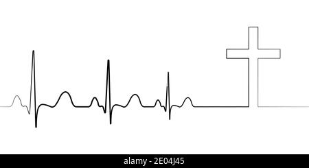 Death icon symbol cardiac arrest, vector cardiogram with cross, concept of death path to faith condolences, departure to another world Stock Vector
