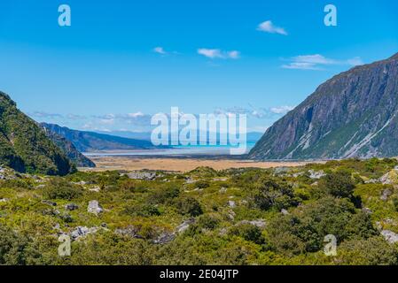 Valley leading to lake Pukaki in Aoraki / Mount Cook national park in New Zealand Stock Photo