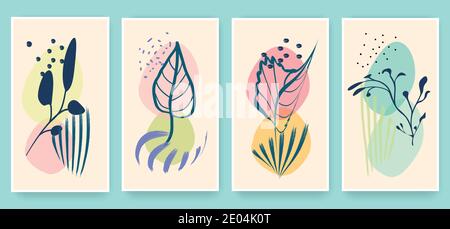 Set of botanical wall art. Abstract foliage line art drawing. Vector illustration. Stock Vector