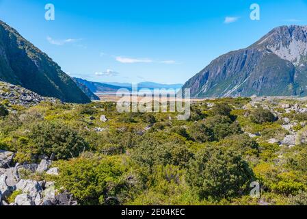 Valley leading to lake Pukaki in Aoraki / Mount Cook national park in New Zealand Stock Photo