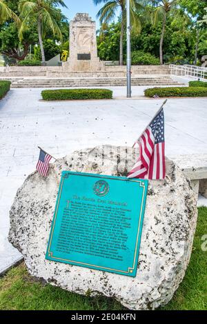 The historic marker at The Florida Keys Memorial to the victims of the Great Hurricane of 1935 in Islamorada in the Florida Keys. Stock Photo