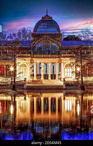Crystal Palace. Madrid, Spain building photographed at night. Stock Photo