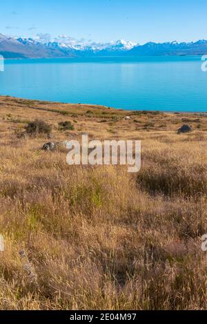 Aoraki / Mt. Cook viewed behind lake Pukaki in New Zealand Stock Photo