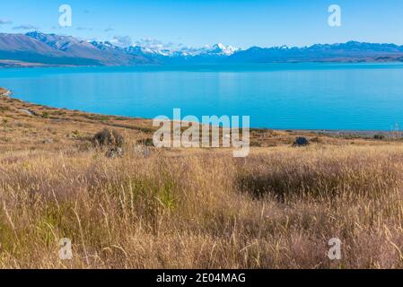 Aoraki / Mt. Cook viewed behind lake Pukaki in New Zealand Stock Photo