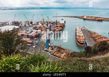 a container ship unloads containers alongside a bulk cargo vessel at Napier Port, New Zealand Stock Photo