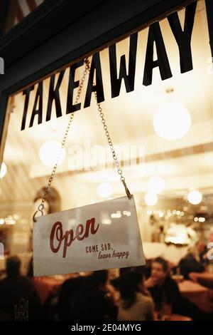 GREAT BRITAIN /England / London/Open sign hanging in store window focus on sign. Stock Photo