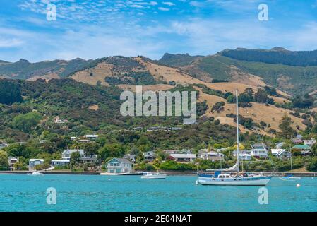 Residential houses in Akaroa at Banks peninsula, New Zealand Stock Photo