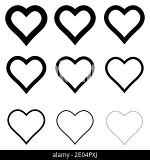 set heart shape icons, vector symbol of love and romance hearts with thick outline stroke Stock Vector