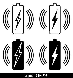 Set icons wireless battery charging, vector Qi standard wireless power transmission for battery Stock Vector
