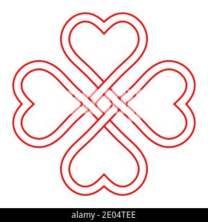 Symbol love and good luck, vector interlacing knot of hearts, four-leaf clover shape to attract good luck and love on St. Patricks day Stock Vector