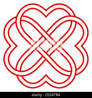 Pattern of intertwined hearts, vector knot weaving of hearts symbol eternal love and friendship Stock Vector