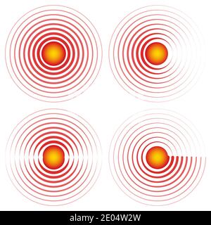 Sign symbol epicenter pain localization vector red circles with yellow center icon sore throat joints, sore spot or bruised body part mark Stock Vector