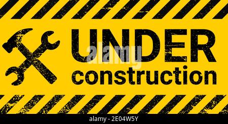 under construction site banner sign vector black and yellow diagonal stripes under construction, hammer and wrench repair sign with grunge texture Stock Vector