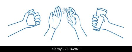 Hand and sanitizer gel bottle line blue icon set. Spraying linear style sign. Disinfection sanitary hygiene infographic. Antiseptic cartoon collection. Healthcare isolated vector illustration Stock Vector