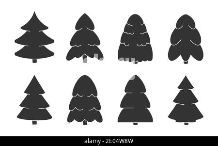Black glyph Christmas forest trees, template icon set. Fir-tree different shapes. Symbol of New Year. Pine as traditional element winter season holiday. Icons isolated on white vector illustration Stock Vector