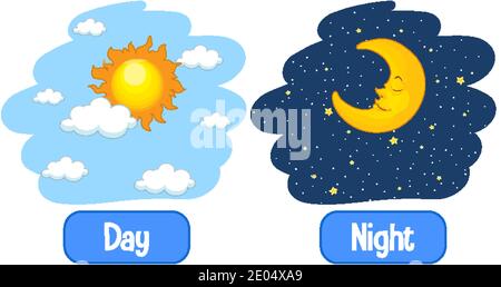 Opposite adjectives words with day and night illustration Stock Vector