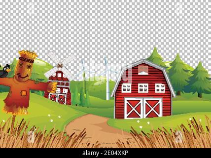 Farm with red barn and scarecrow on transparent background illustration ...