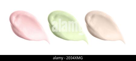 Different cream smears swatches smudges isolated. Cosmetic sunscreen, bb cc cream samples collection. Beauty skin care product drops variety. Stock Photo