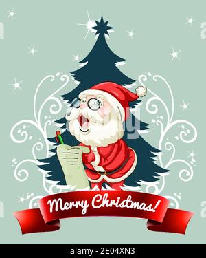 Merry Christmas 2020 font banner with Santa Claus checking children's gift wish list illustration Stock Vector