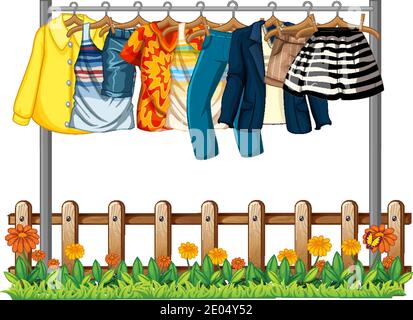 Clothes hanging on a clothesline with fence and flower elements on white background illustration Stock Vector