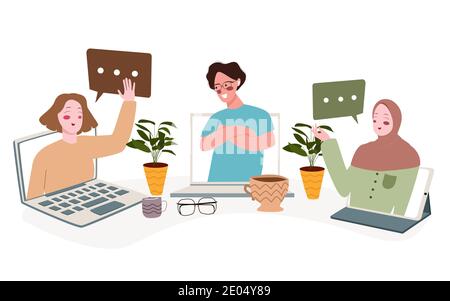 people men women talk speak chat in laptop screen display discussion meeting online with flat style Stock Vector