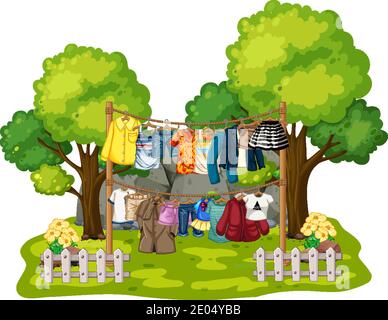 Clothes hanging on clotheslines outdoor scene on white background illustration Stock Vector