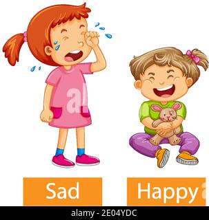 Opposite adjectives words with happy and sad illustration Stock Vector