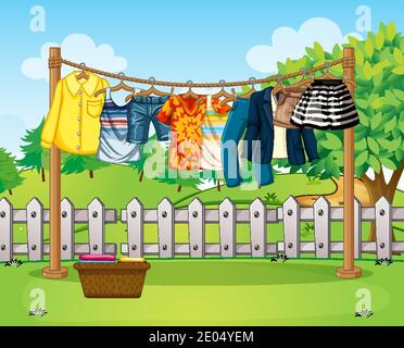 Many clothes hanging on a line outside the house scene illustration Stock Vector