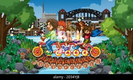 Scene with many children ride tandem bike in the park illustration Stock Vector