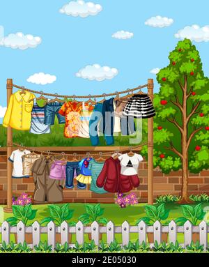 Many clothes hanging on a line outside the house scene illustration Stock Vector