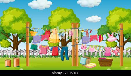 Many clothes hanging on a line outside the house scene illustration Stock Vector
