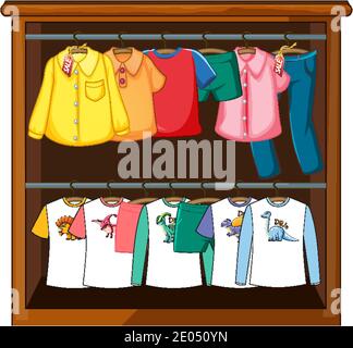 Clothes hanging in wardrobe on white background illustration Stock Vector