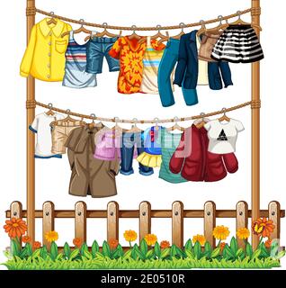 Clothes hanging on a clothesline with fence and flower elements on white background illustration Stock Vector
