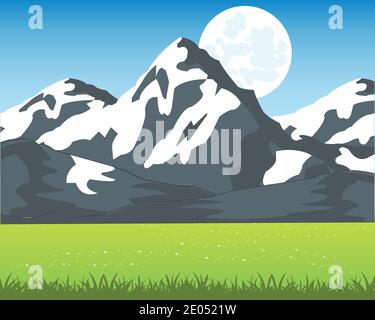 High snow mountains and green glade with flower Stock Vector