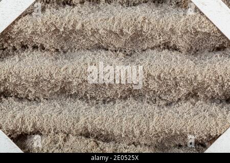 A heavily clogged furnace air filter. These filters are used to remove dust, allergens, microbes through circulation improving the quality of air espe Stock Photo