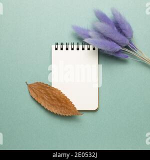 Empty notebook with tail grass, dry leaf on green background. top view, copy space Stock Photo