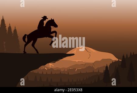 graphics image the man ride horse on mountain silhouette twilight with mountain background, design vector illustration Stock Vector