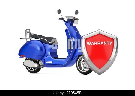 Blue Classic Vintage Retro or Electric Scooter with Red Metal Protection Warranty Shield on a white background. 3d Rendering Stock Photo