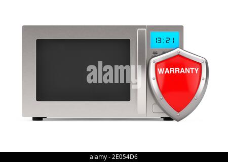 Modern Silver Microwave Oven with Red Metal Protection Warranty Shield on a white background. 3d Rendering Stock Photo