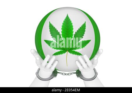 Drugs Crime and Law Concept. White Abstract Hands in Handcuffs and Ball with Medical Marijuana or Cannabis Hemp Leaf Sign on a white background. 3d Re Stock Photo