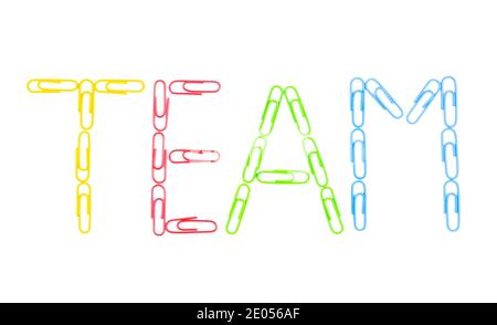 Team title.team work concept.Made of colored bright paper clips on white background,top view.Close up Stock Photo