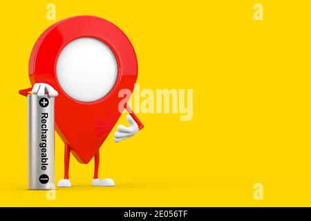 Map Pointer Pin Character Mascot with Rechargeable Battery on a yellow background. 3d Rendering Stock Photo